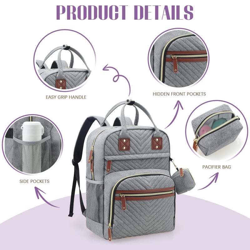 Tuwubi Diaper Bag Backpack, Baby Essentials Travel Tote Bag, Multi function Waterproof Backpacks, Travel Essentials with Stroller Straps & Pacifier Case - Grey - Image 4
